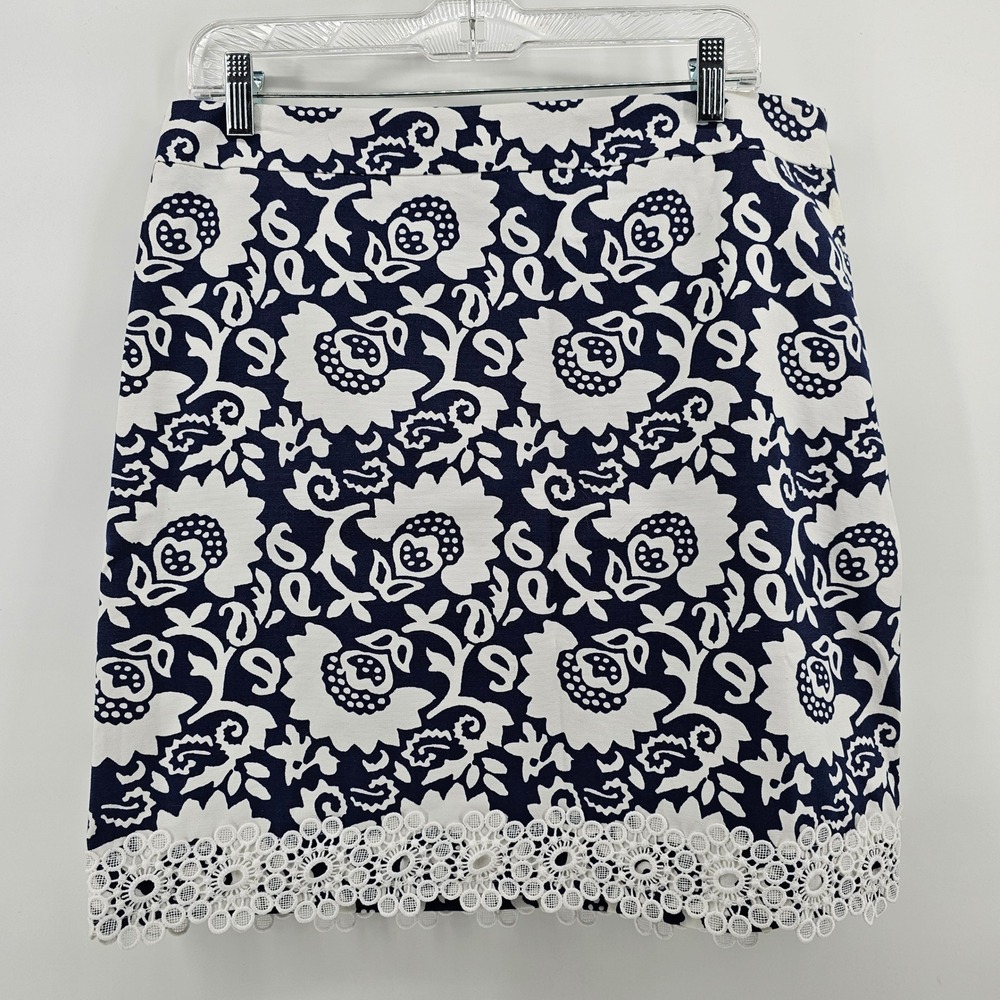 Talbots Skirt Womens 12P Navy Blue White Floral Crochet Lace Hem A-Line NWT